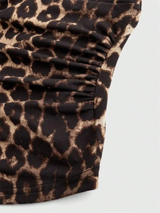 Leopard Printed V-neck Backless Halter Crop Top