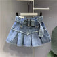 Y2k Skirt Letter Embroidery Denim Pleated Mini Skirt