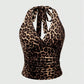 Leopard Printed V-neck Backless Halter Crop Top