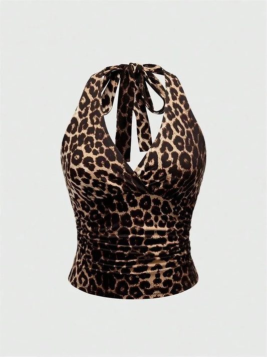 Leopard Printed V-neck Backless Halter Crop Top