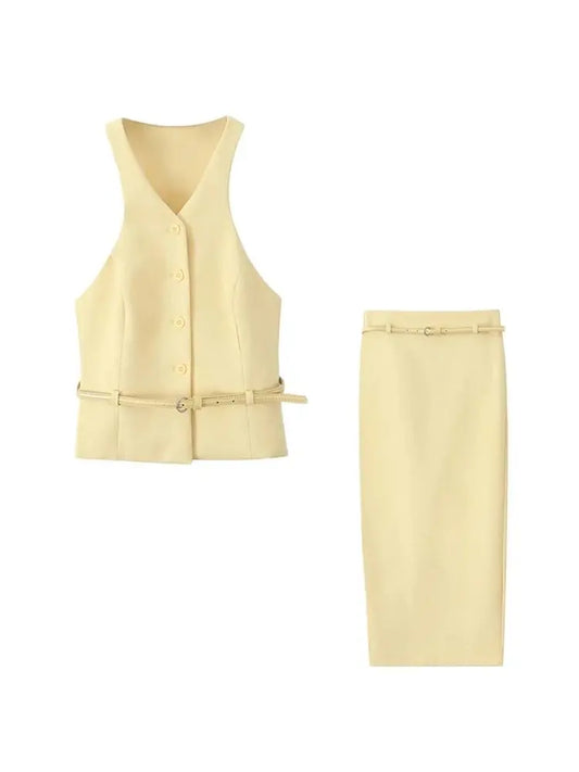 Isabella – Belted Button Tank & Tailored Midi Skirt